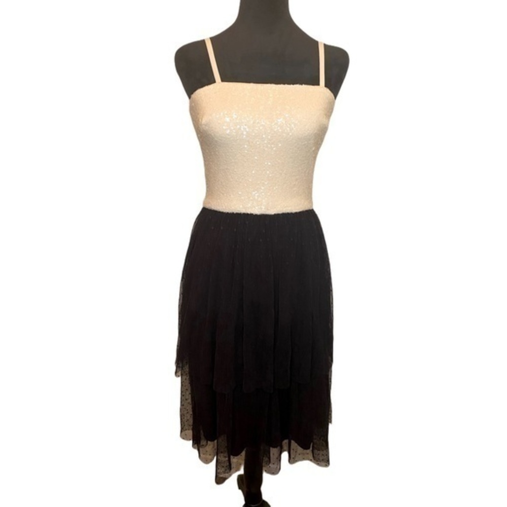 Dress the population KADY tulle sequin dress in cream/black color NWT